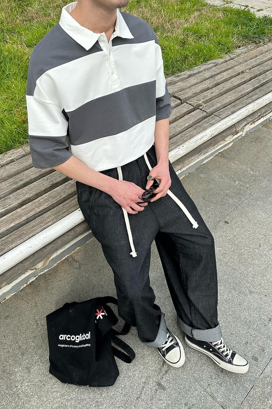 Koyu Gri Polo Yaka  Çizgili EE Oversize Tişört