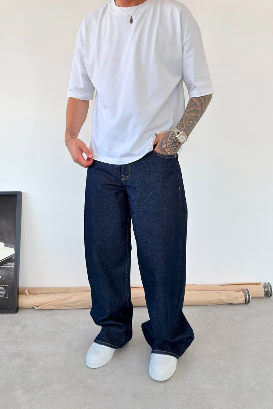 Koyu Mavi Basic Süper Baggy Fit Pantolon