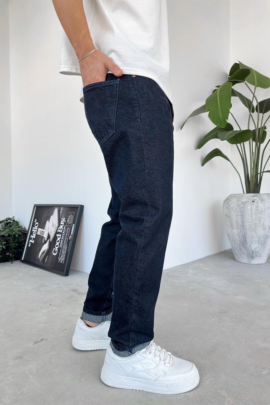 Koyu Mavi Dokulu Basic Regular Pantolon