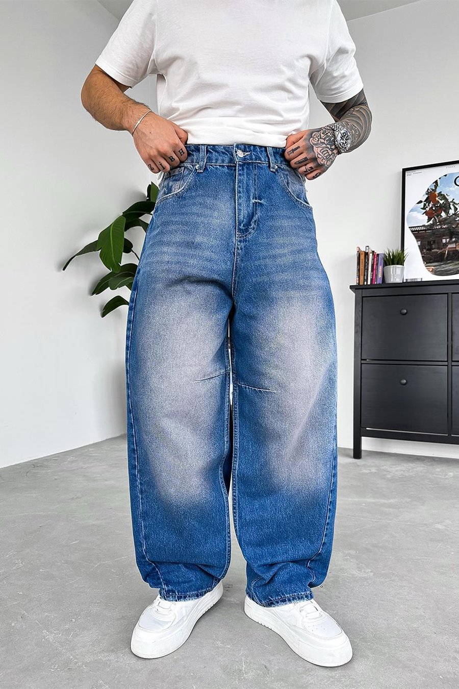 Koyu Mavi Patch Detay Ekstra Bol Baggy Pantolon