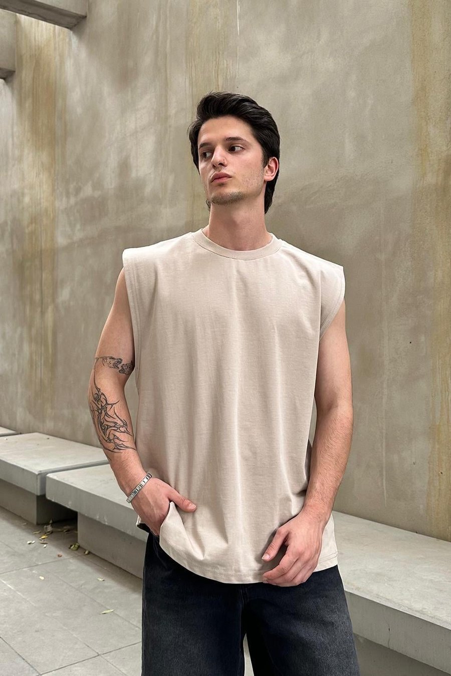 Krem Basic A1 OUTPLENTY PREMİUM Oversize Atlet Tişört