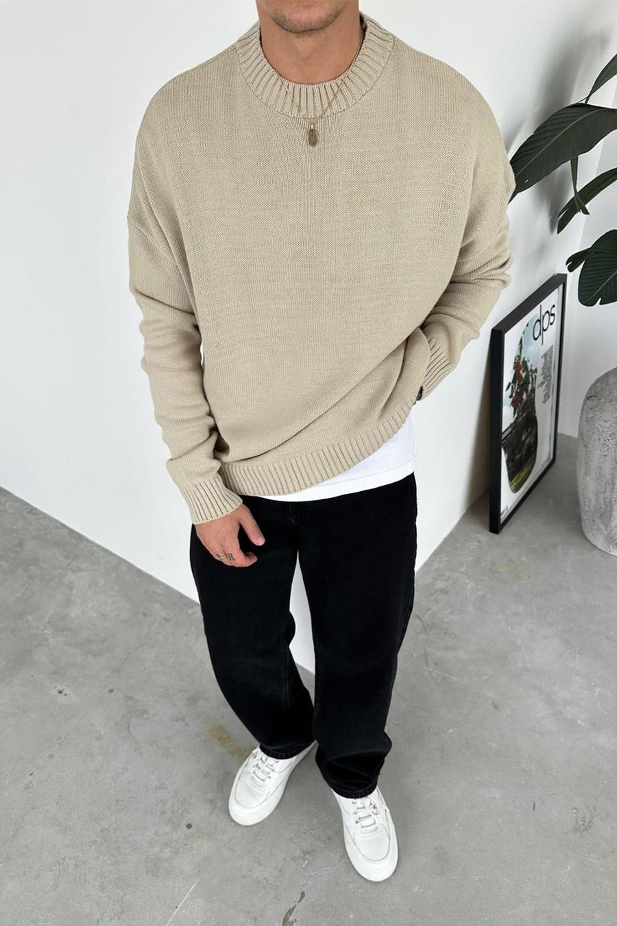 Krem Basic Bisiklet Yaka Triko Kazak