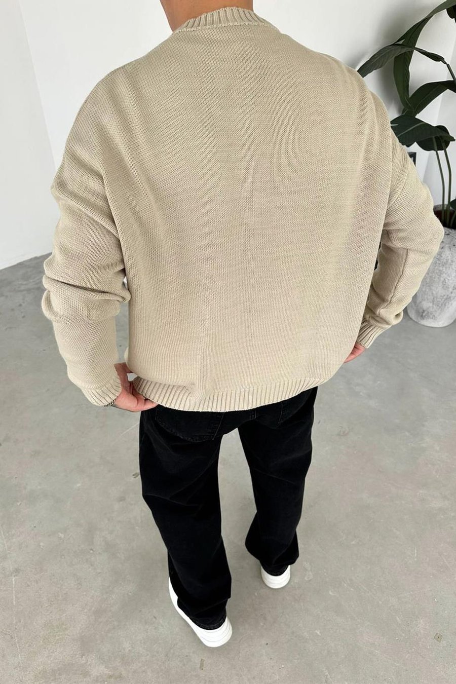 Krem Basic Bisiklet Yaka Triko Kazak
