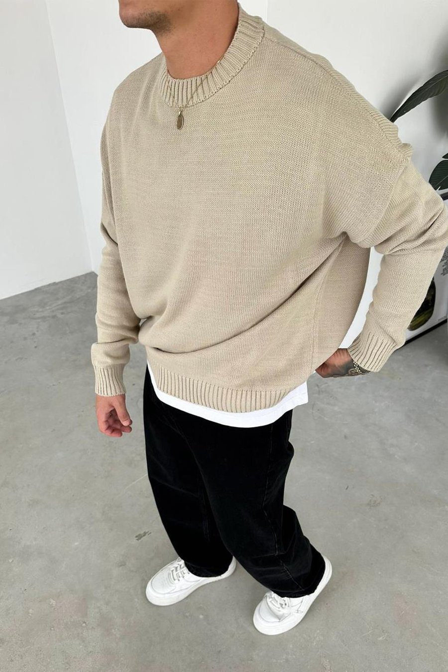 Krem Basic Bisiklet Yaka Triko Kazak
