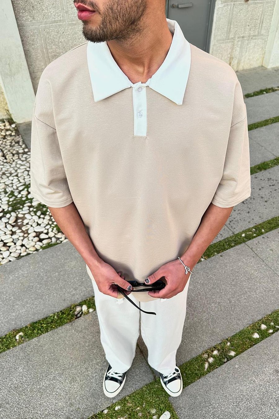 Krem Basic Polo Yaka OUTPLENTY PREMİUM Oversize Tişört