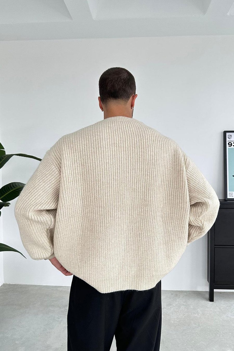 Krem Bisiklet Yaka Oversize Triko Kazak