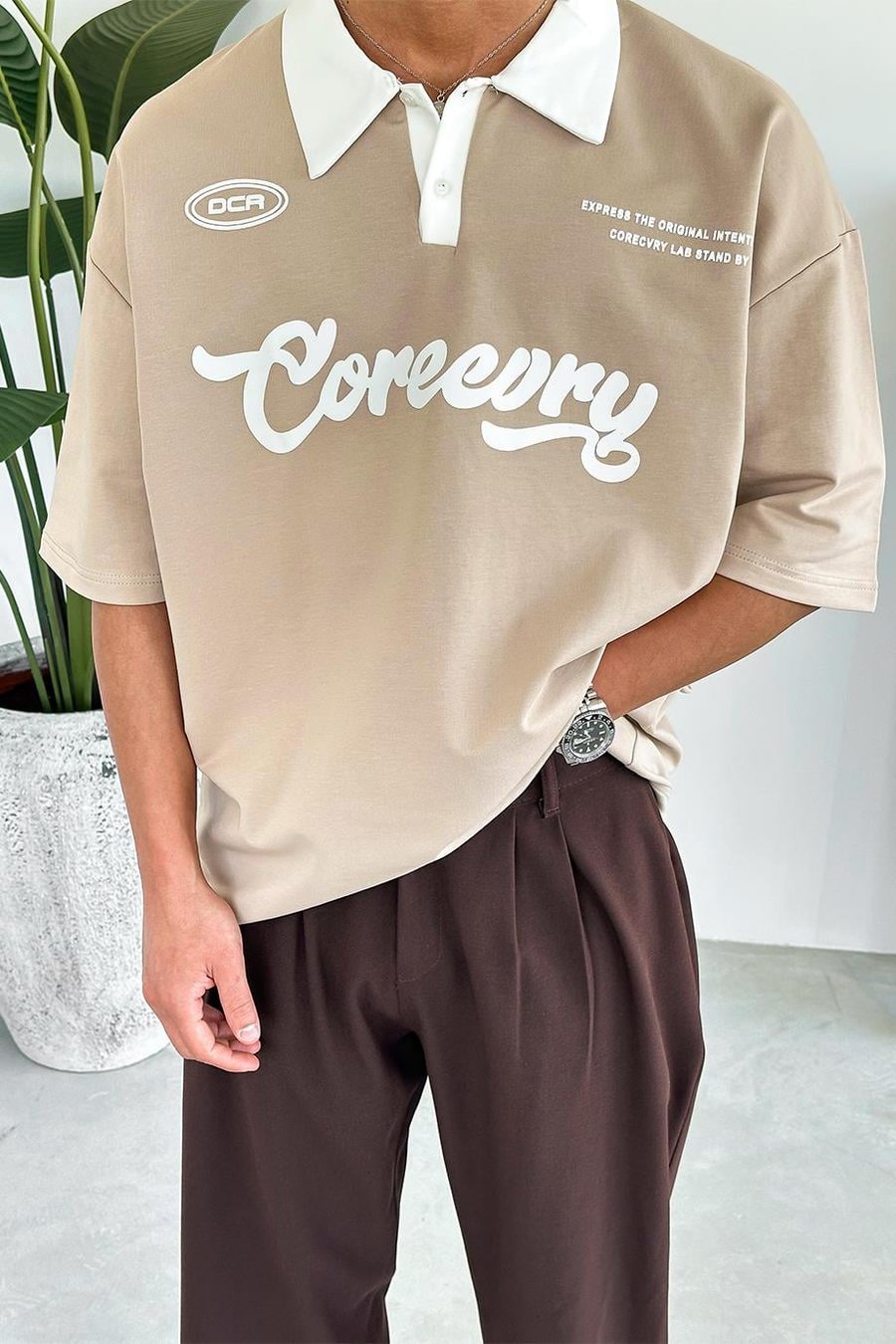 Krem Coreev Polo Yaka OUTPLENTY PREMİUM Oversize Tişört