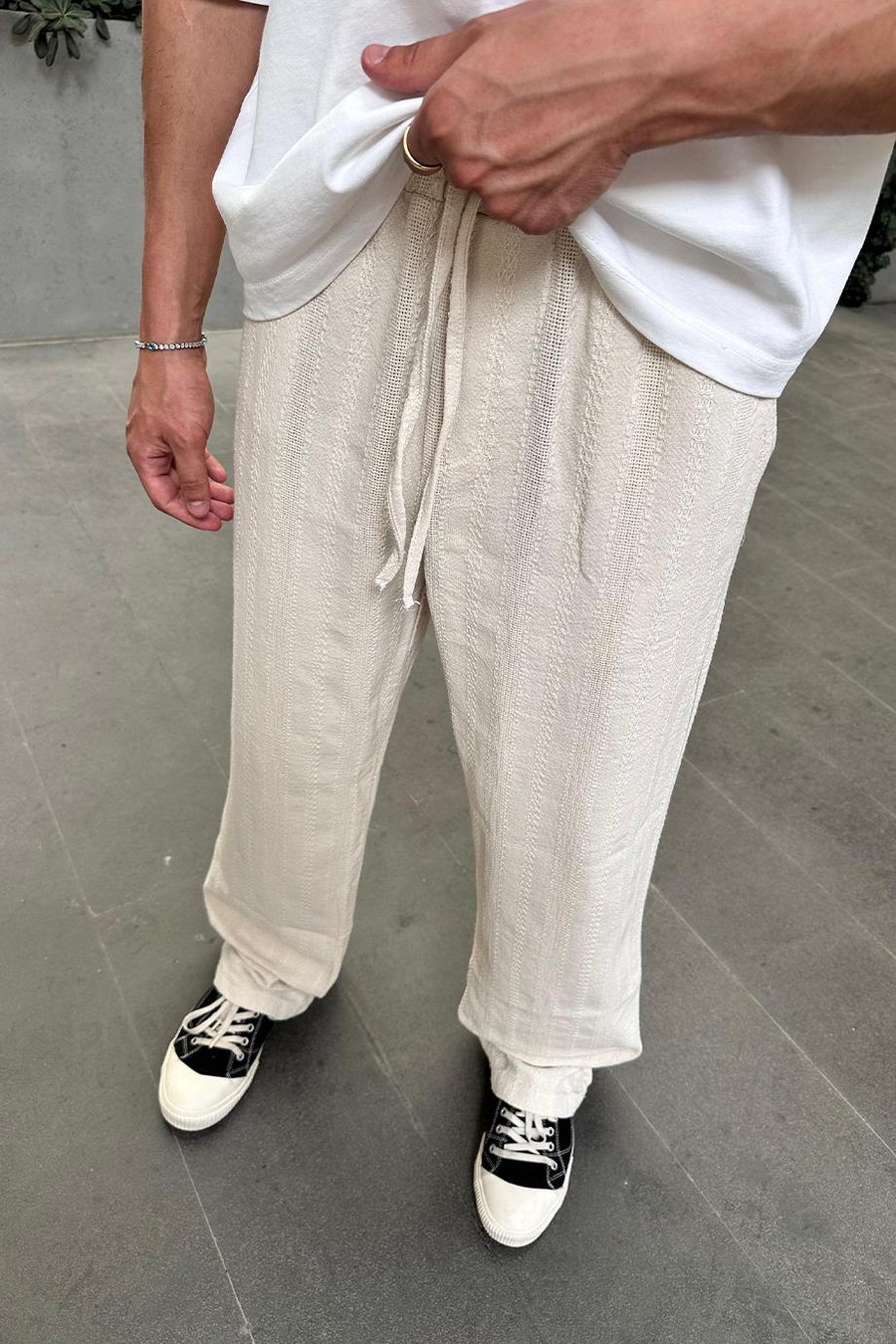 Krem Dokulu Desenli 05 Keten GO Baggy Pantolon