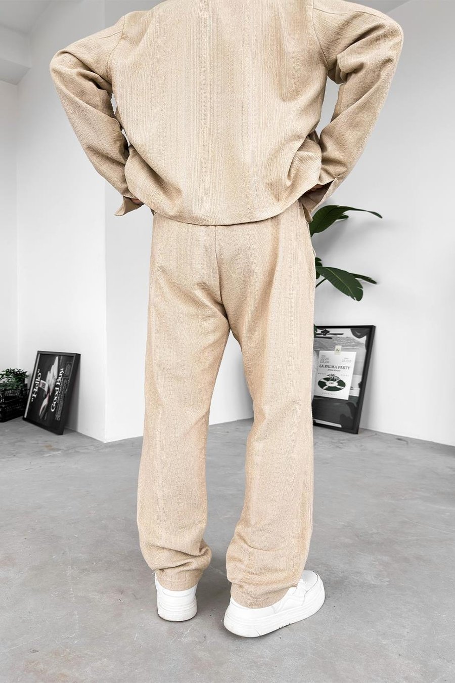 Krem Etnik Desen Premium Beli Ayarlanabilir Baggy Pantolon