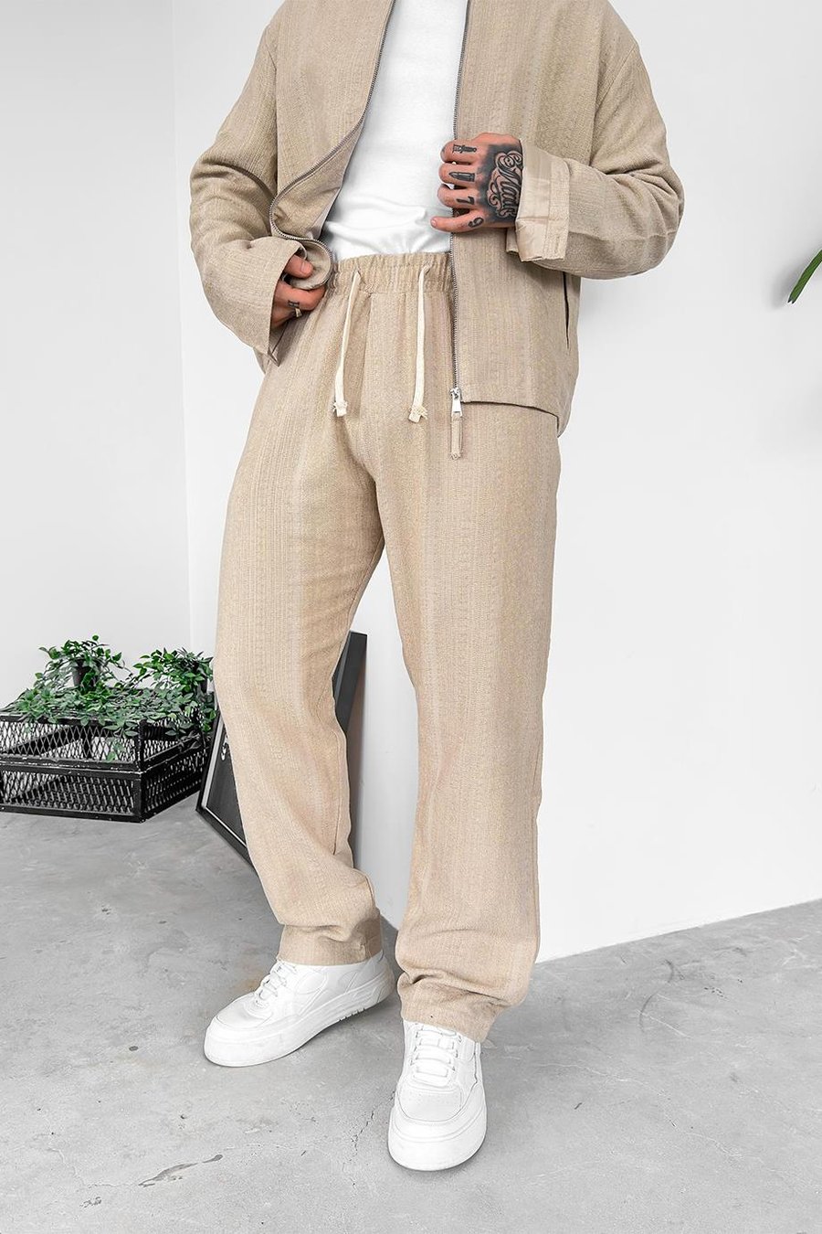 Krem Etnik Desen Premium Beli Ayarlanabilir Baggy Pantolon