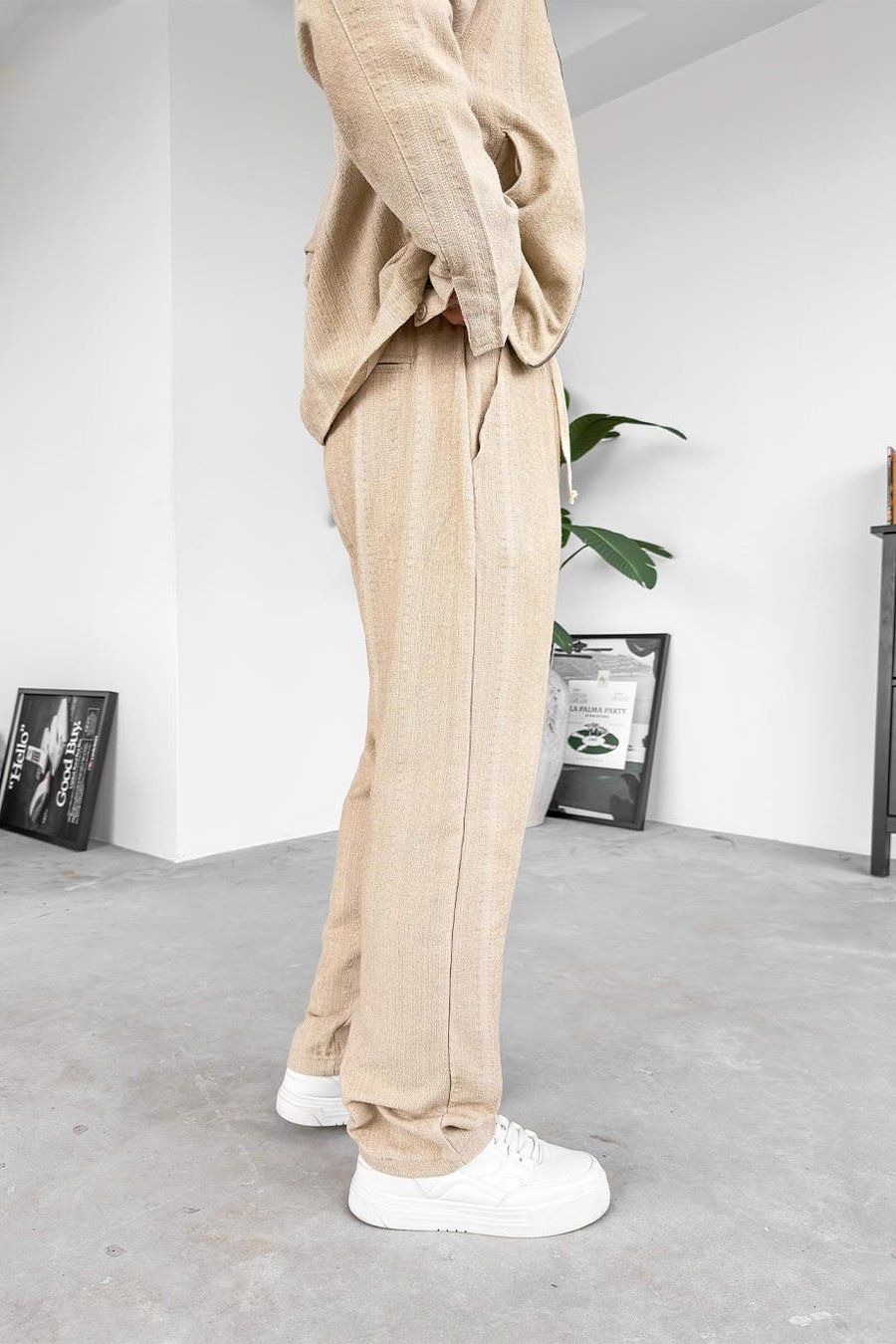 Krem Etnik Desen Premium Beli Ayarlanabilir Baggy Pantolon