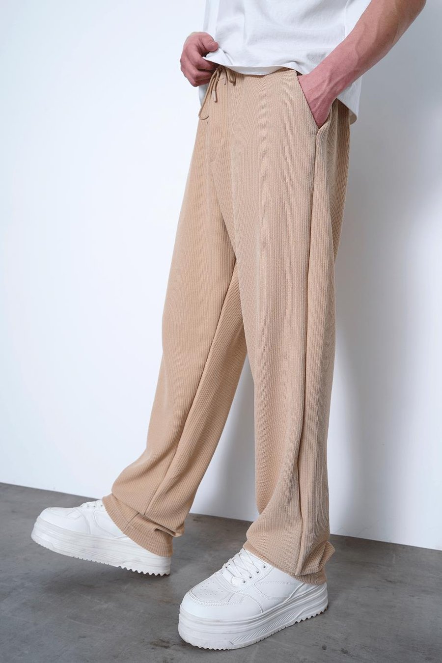 Krem Fitilli Beli Lastikli B8 MH Baggy Pantolon