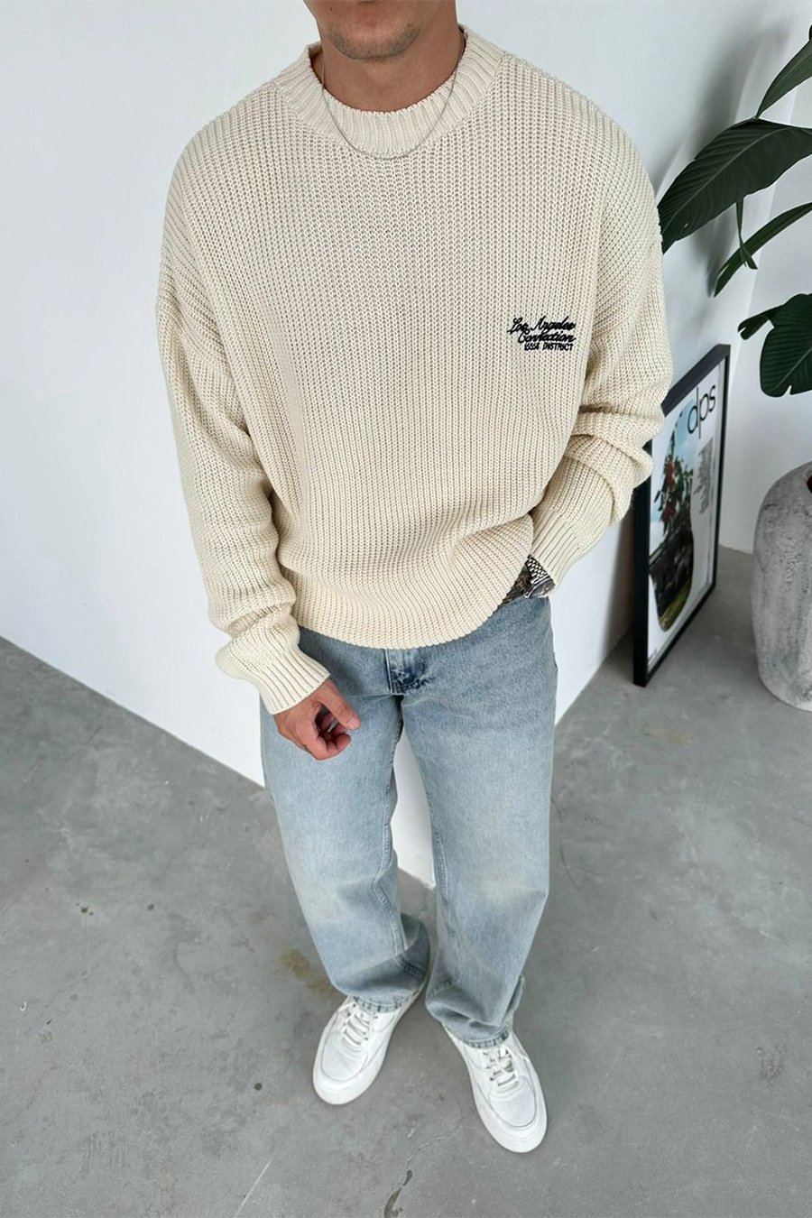 Krem Los Angeles Nakış Oversize Triko Kazak