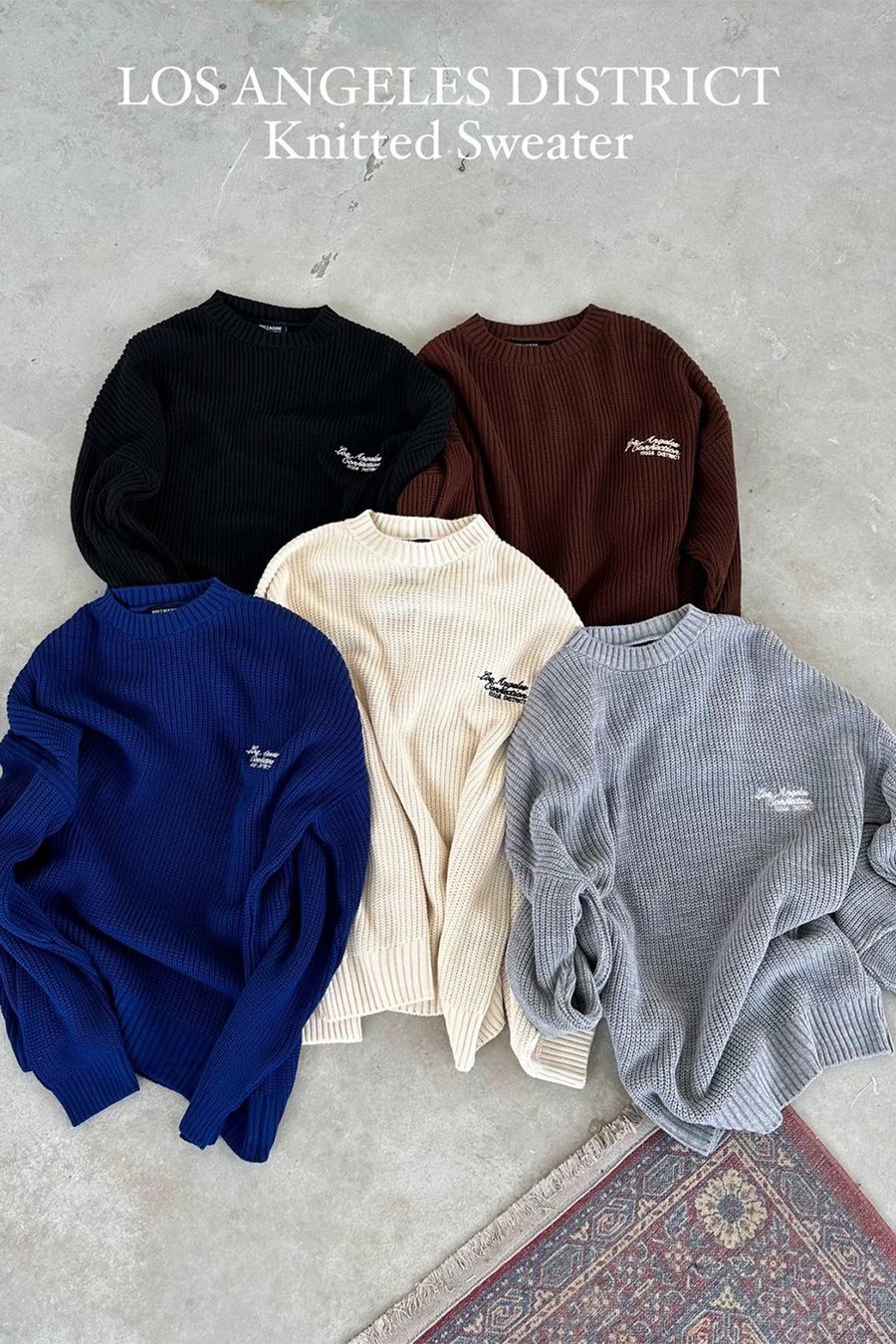 Krem Los Angeles Nakış Oversize Triko Kazak