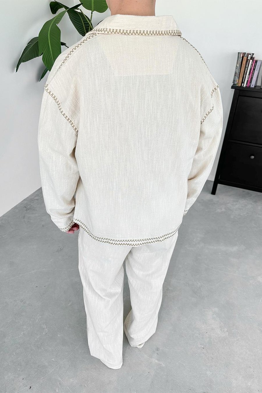 Krem Nakışlı Premium Keten Oversize Ceket