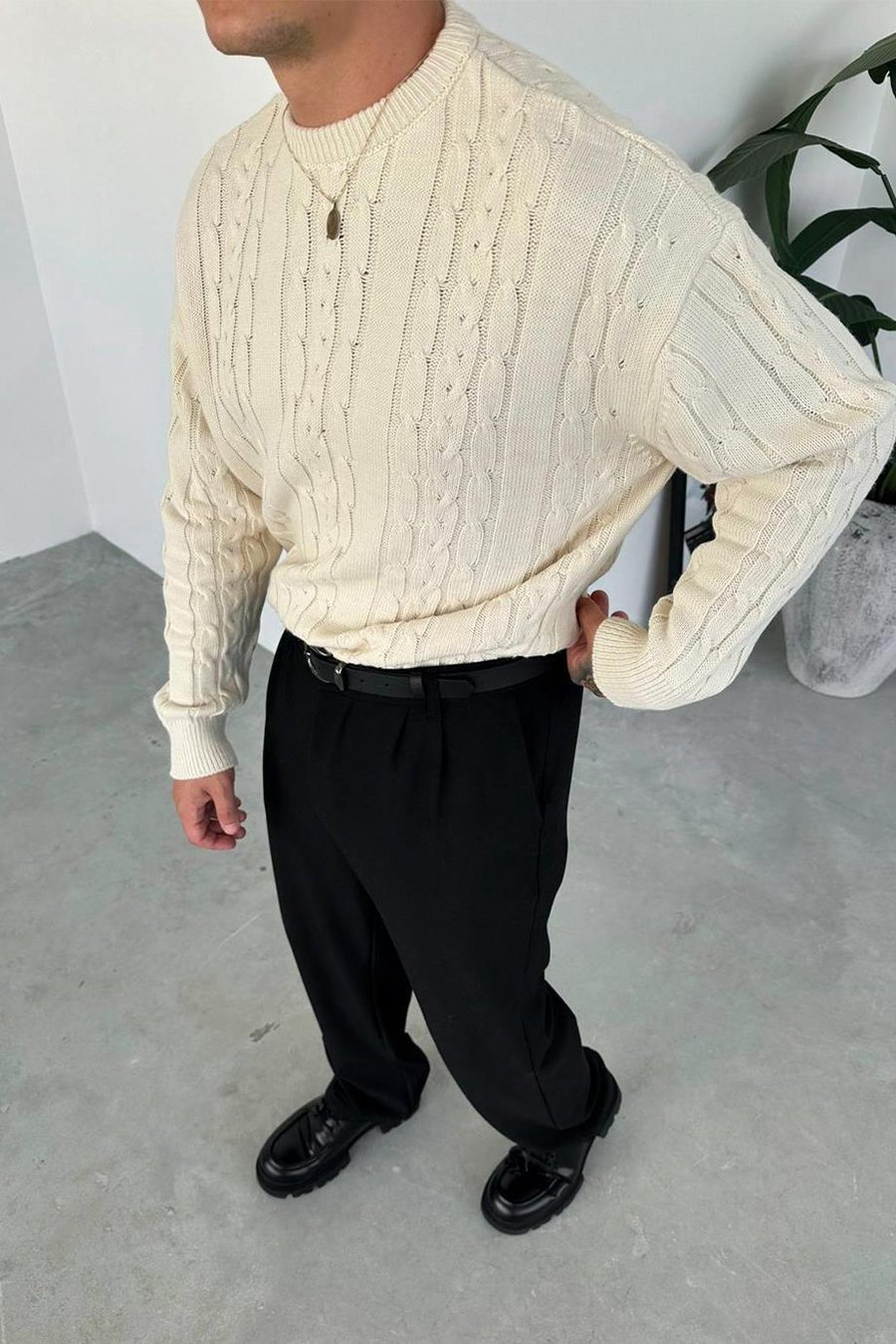 Krem Örgü Desen Relaxed Triko Kazak