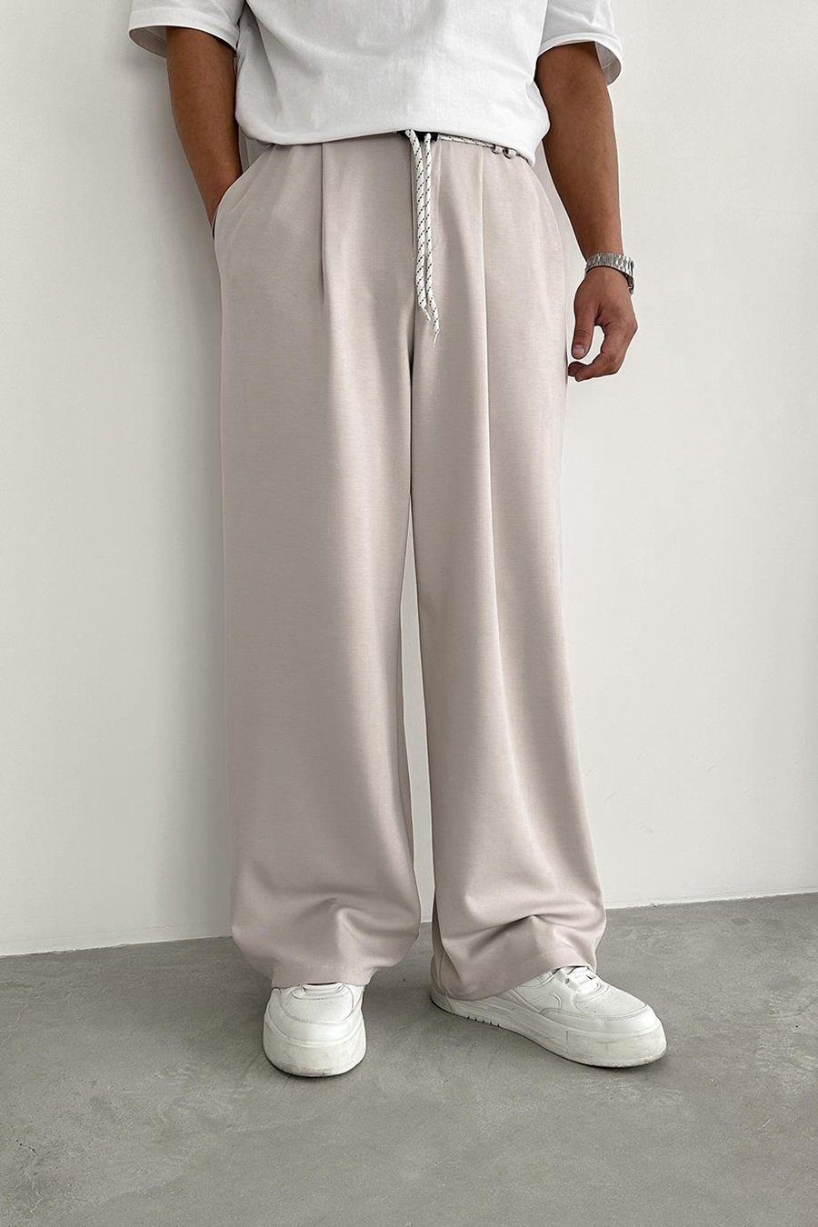 Krem Pile Detay Tensel Kumaş Baggy Pantolon