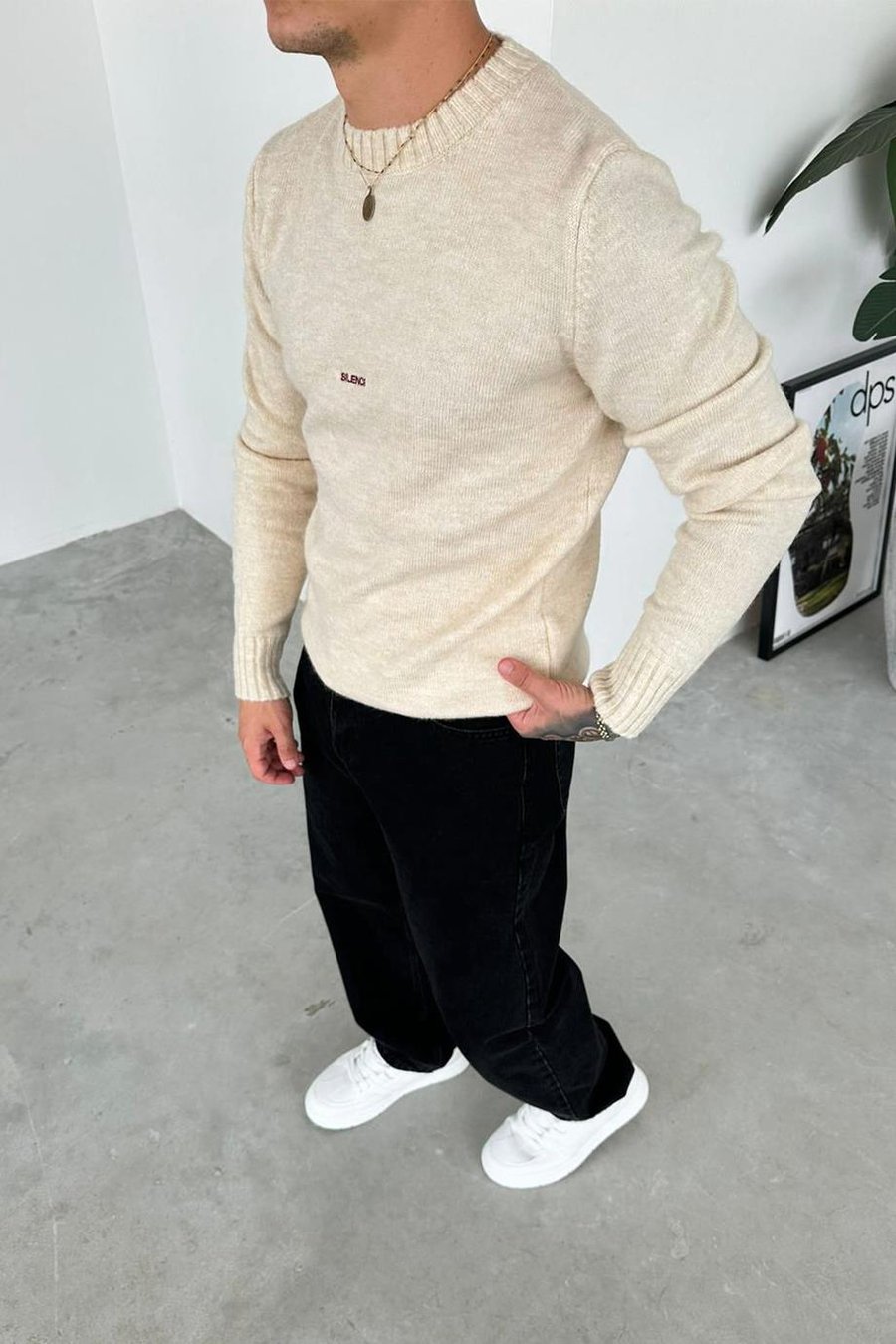 Krem Sılence Nakış Soft Relaxed Kazak