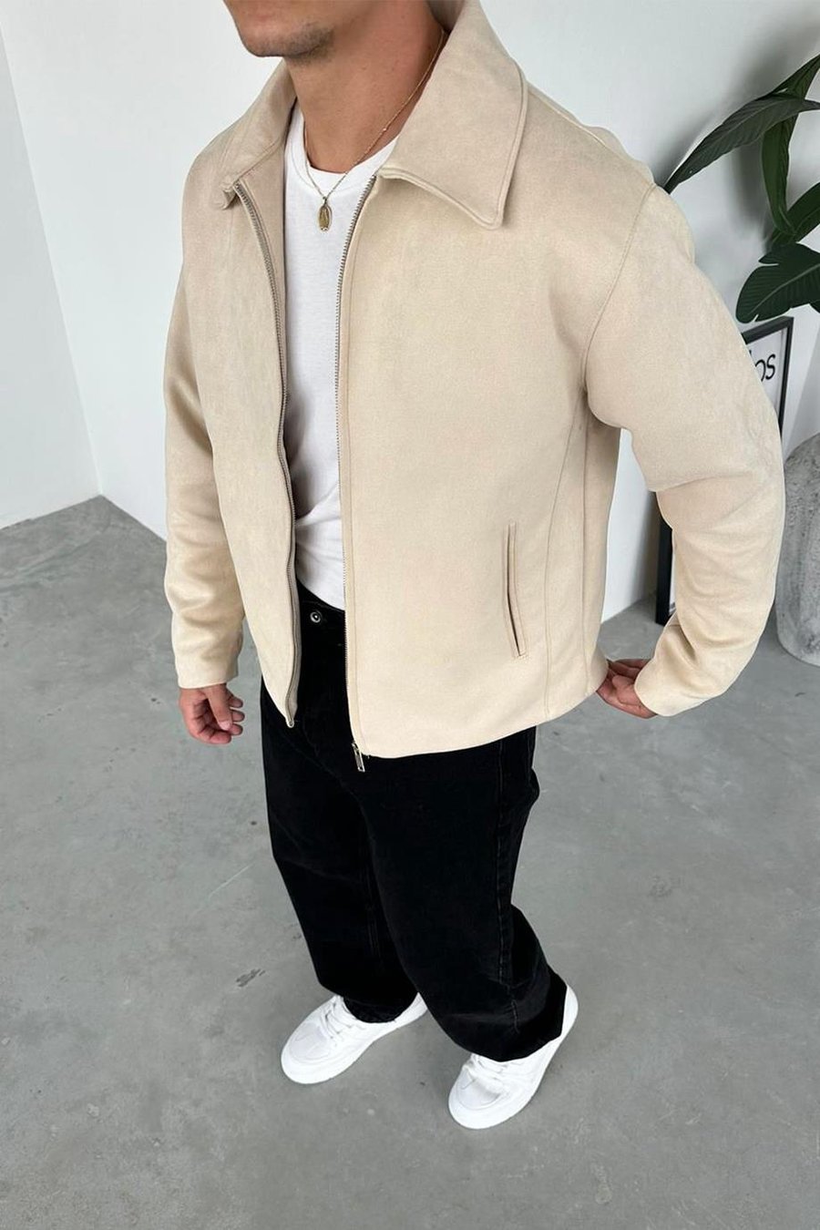 Krem Süet Kumaş Basic Relaxed Ceket
