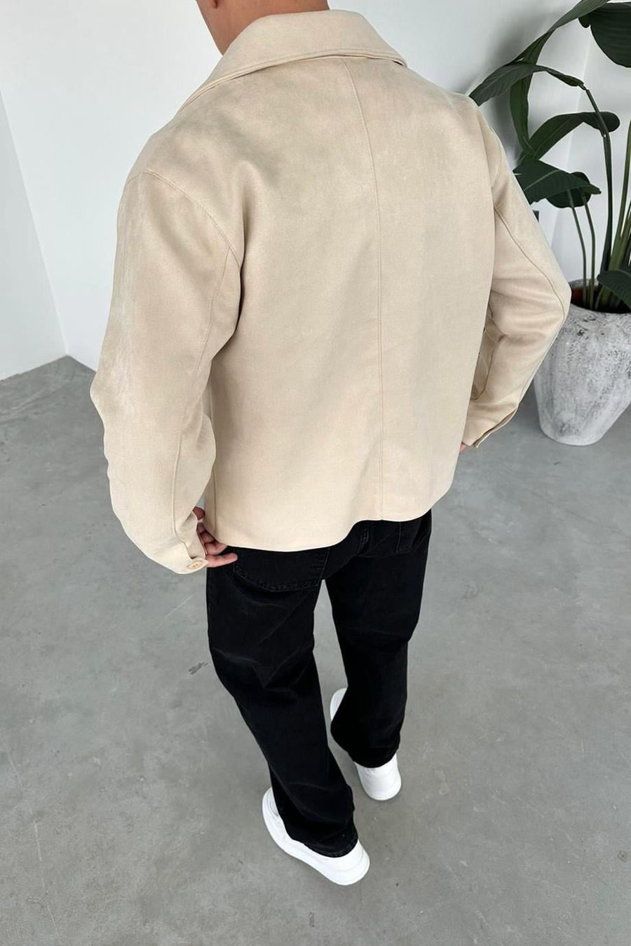 Krem Süet Kumaş Basic Relaxed Ceket