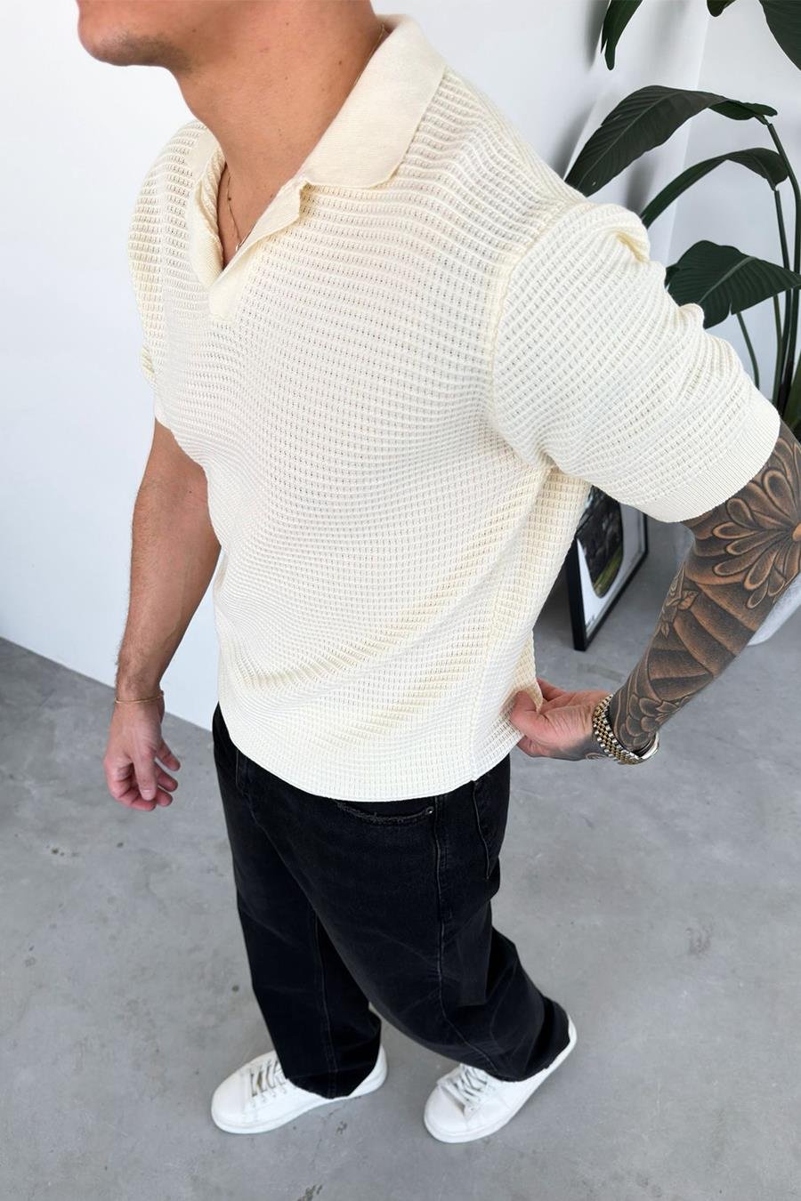 Krem Triko Relaxed Polo Yaka Tişört