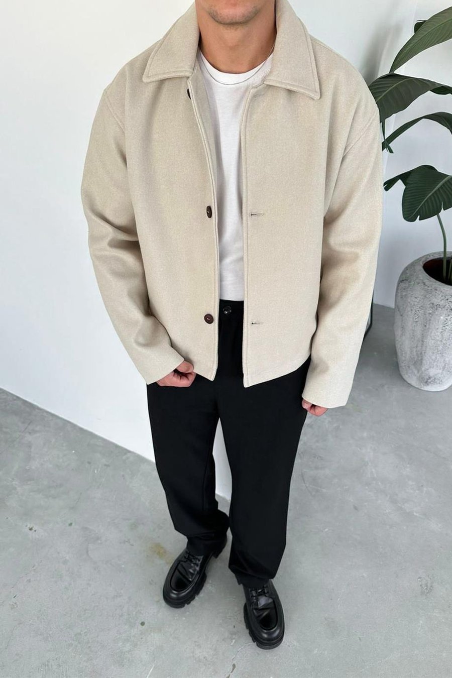 Krem Wool Blend Relaxed Ceket