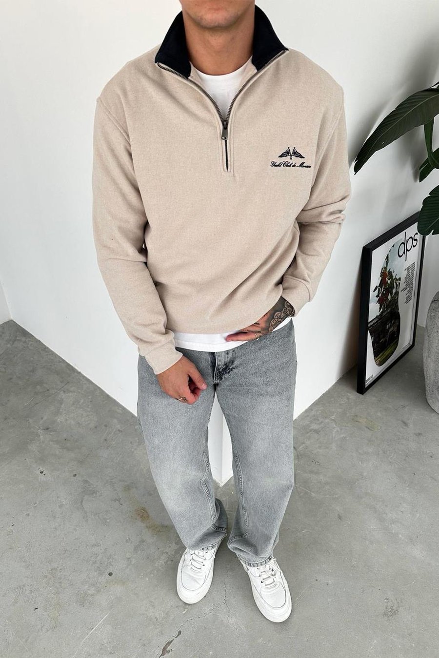 Krem Yacht Club Yarım Fermuar Relaxed Sweatshirt