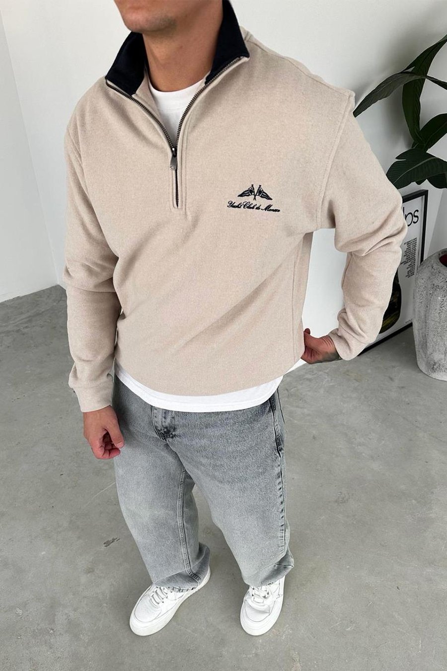 Krem Yacht Club Yarım Fermuar Relaxed Sweatshirt