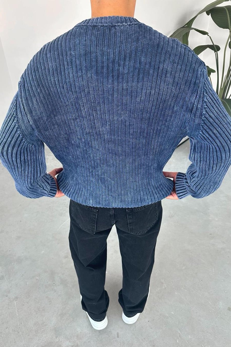 Lacivert Acid Wash Fitilli Oversize Triko Kazak