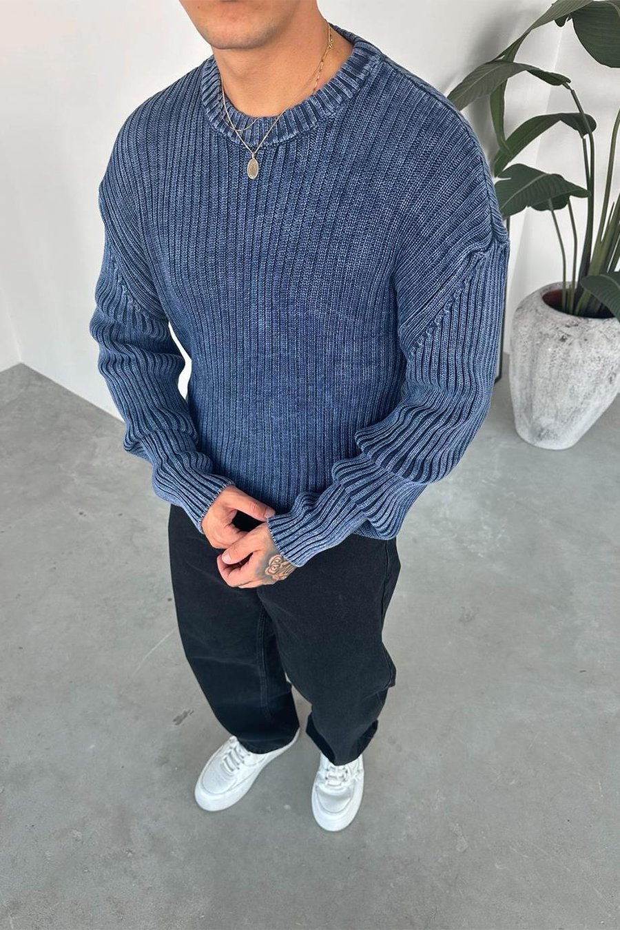 Lacivert Acid Wash Fitilli Oversize Triko Kazak