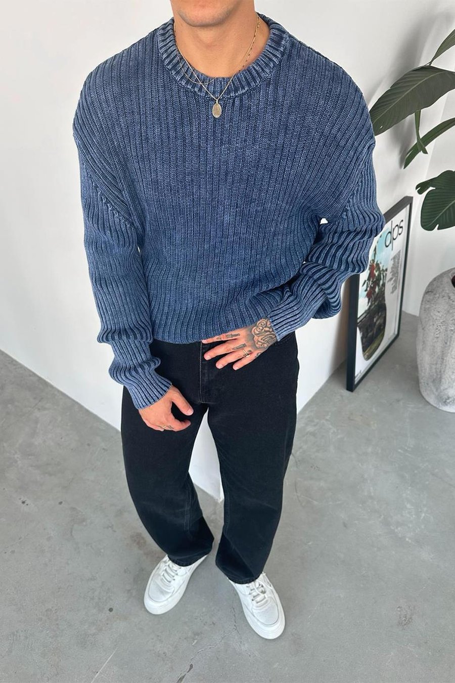 Lacivert Acid Wash Fitilli Oversize Triko Kazak