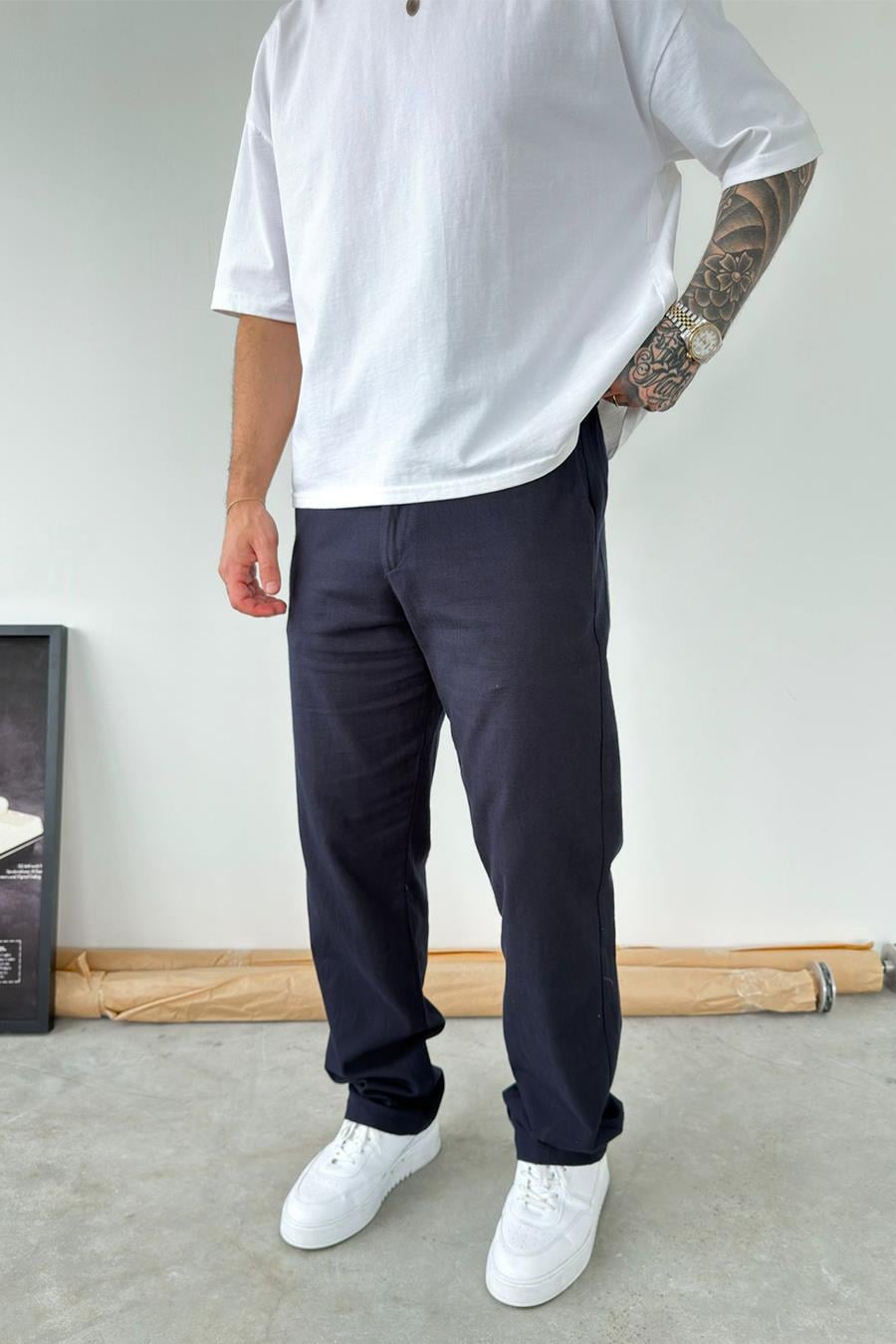 Lacivert Baggy Keten Pantolon