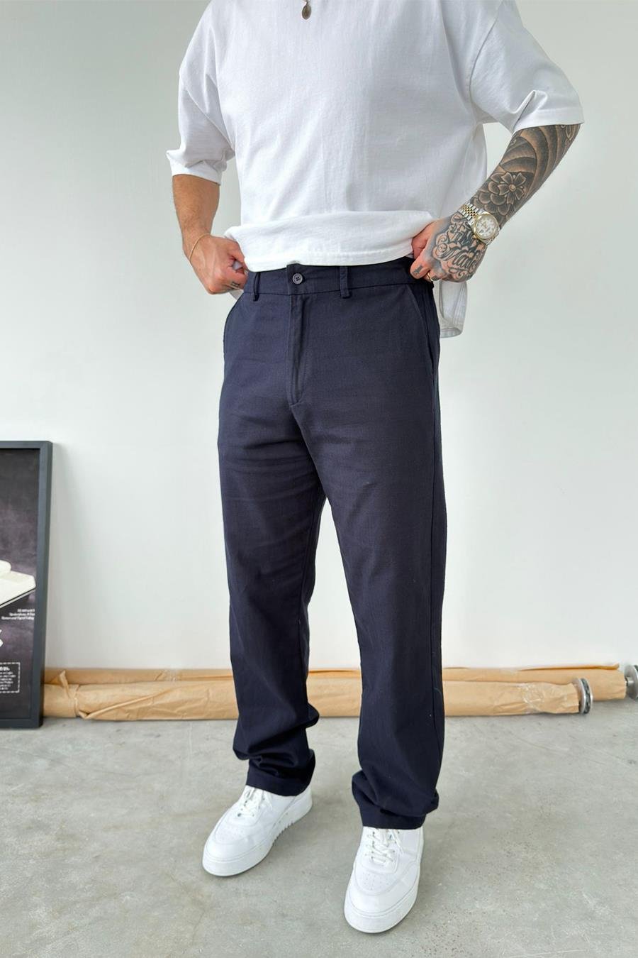 Lacivert Baggy Keten Pantolon