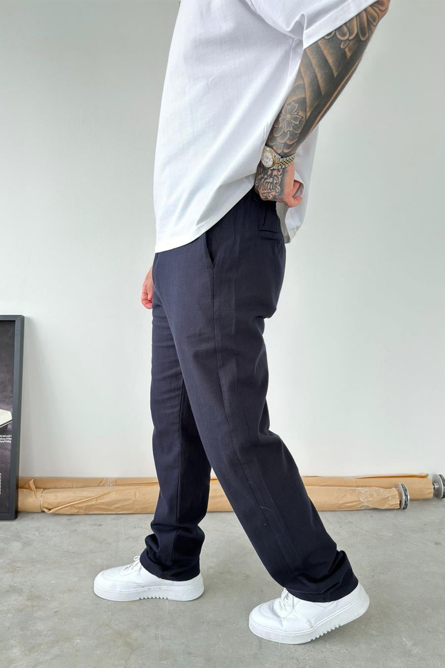 Lacivert Baggy Keten Pantolon