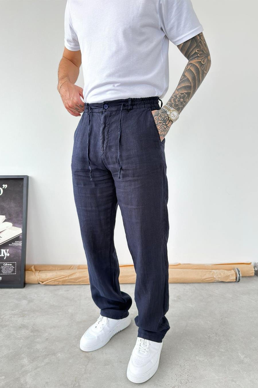 Lacivert Basic Baggy Keten Pantolon