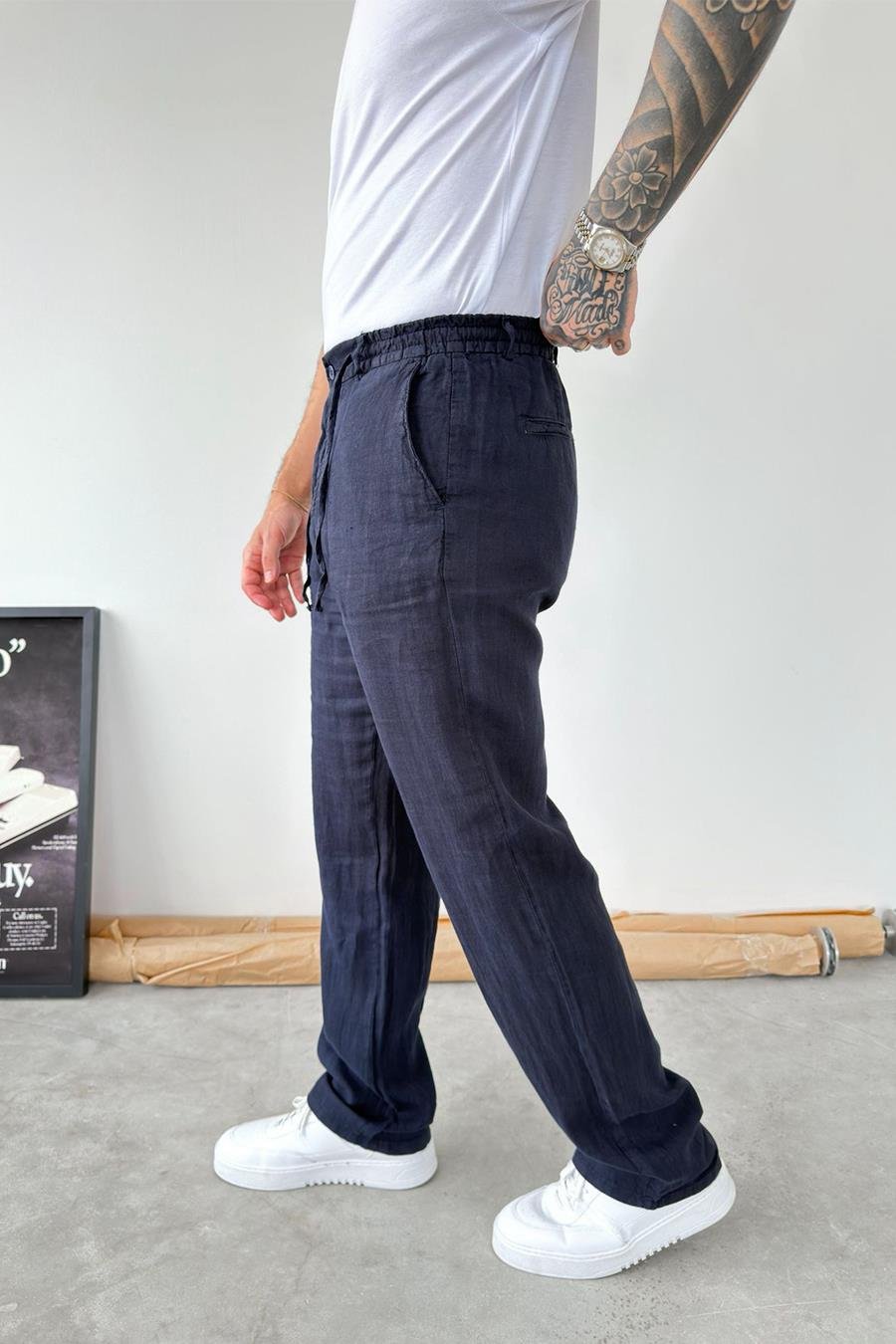 Lacivert Basic Baggy Keten Pantolon