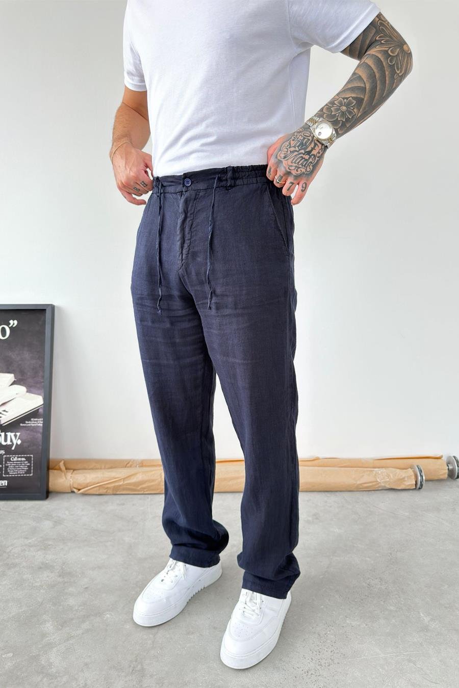 Lacivert Basic Baggy Keten Pantolon