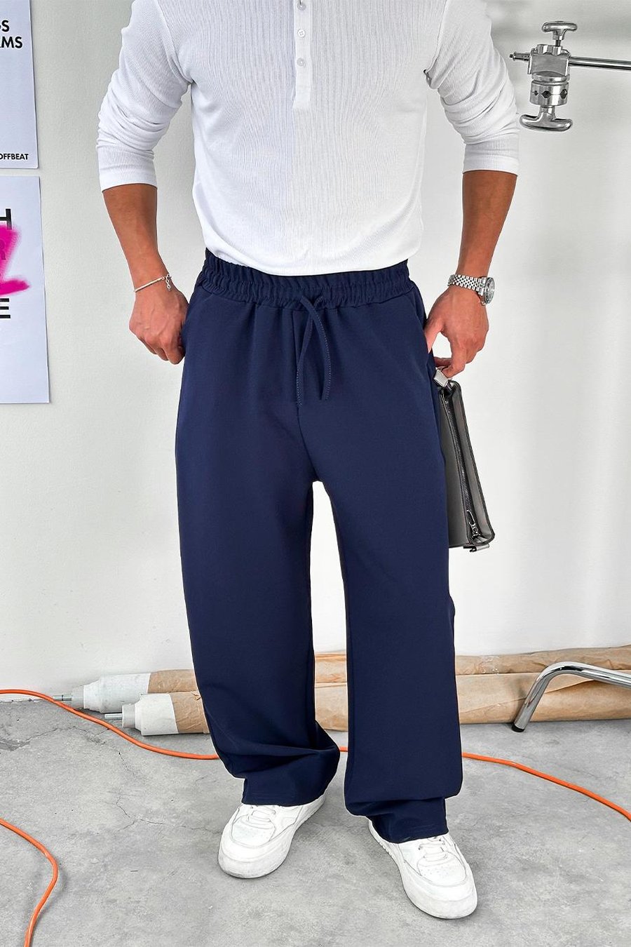 Lacivert Basic Beli Lastikli Baggy Kumaş Pantolon