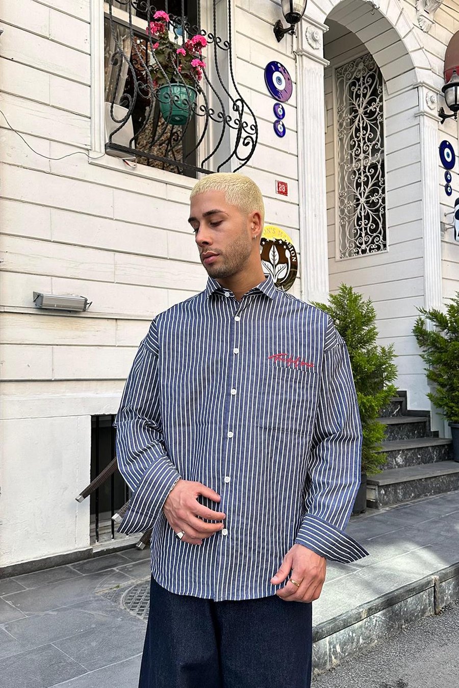 Lacivert Basic Nakış Detay DAD Oversize Gömlek