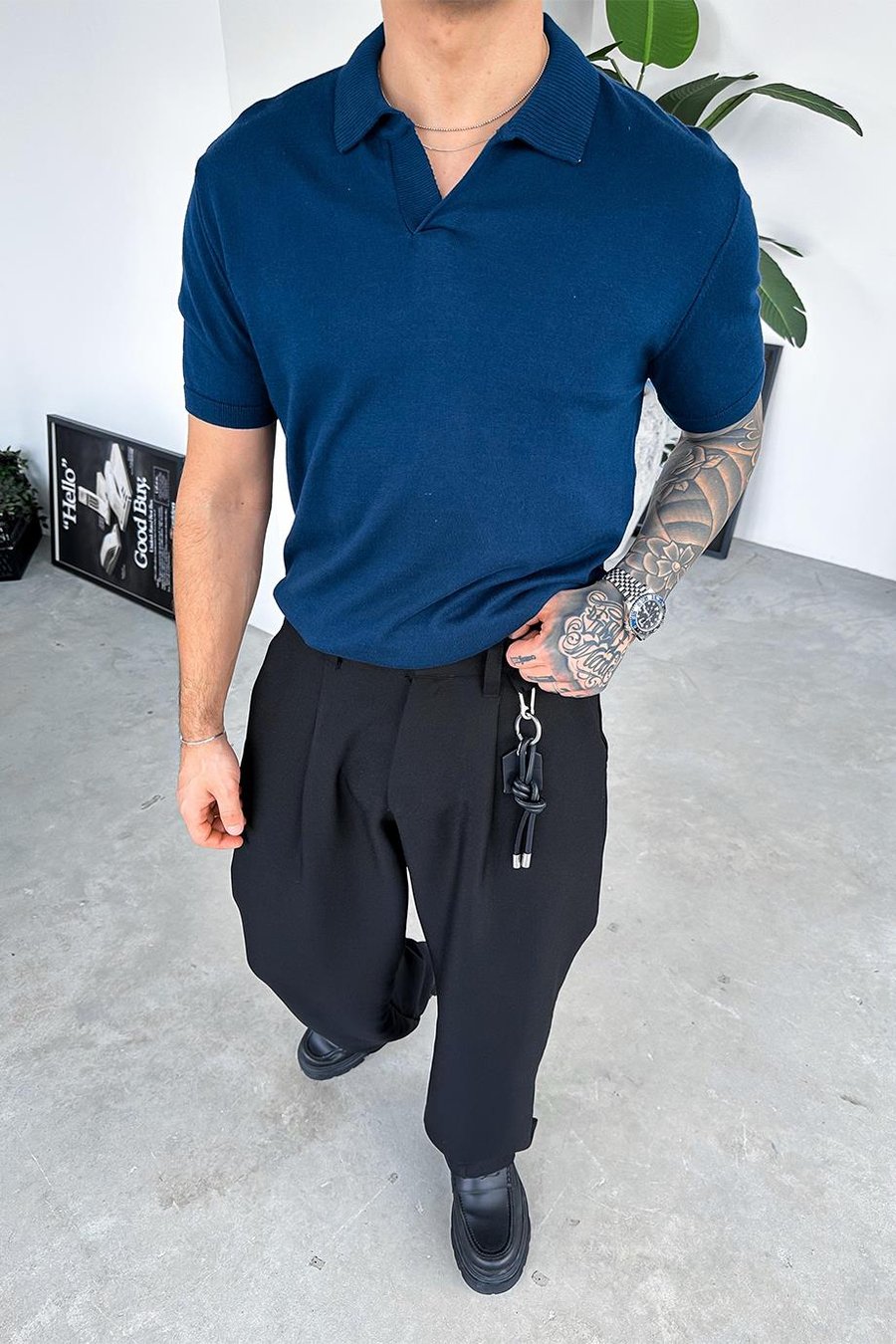 Lacivert Basic Polo Yaka Triko Relaxed Tişört