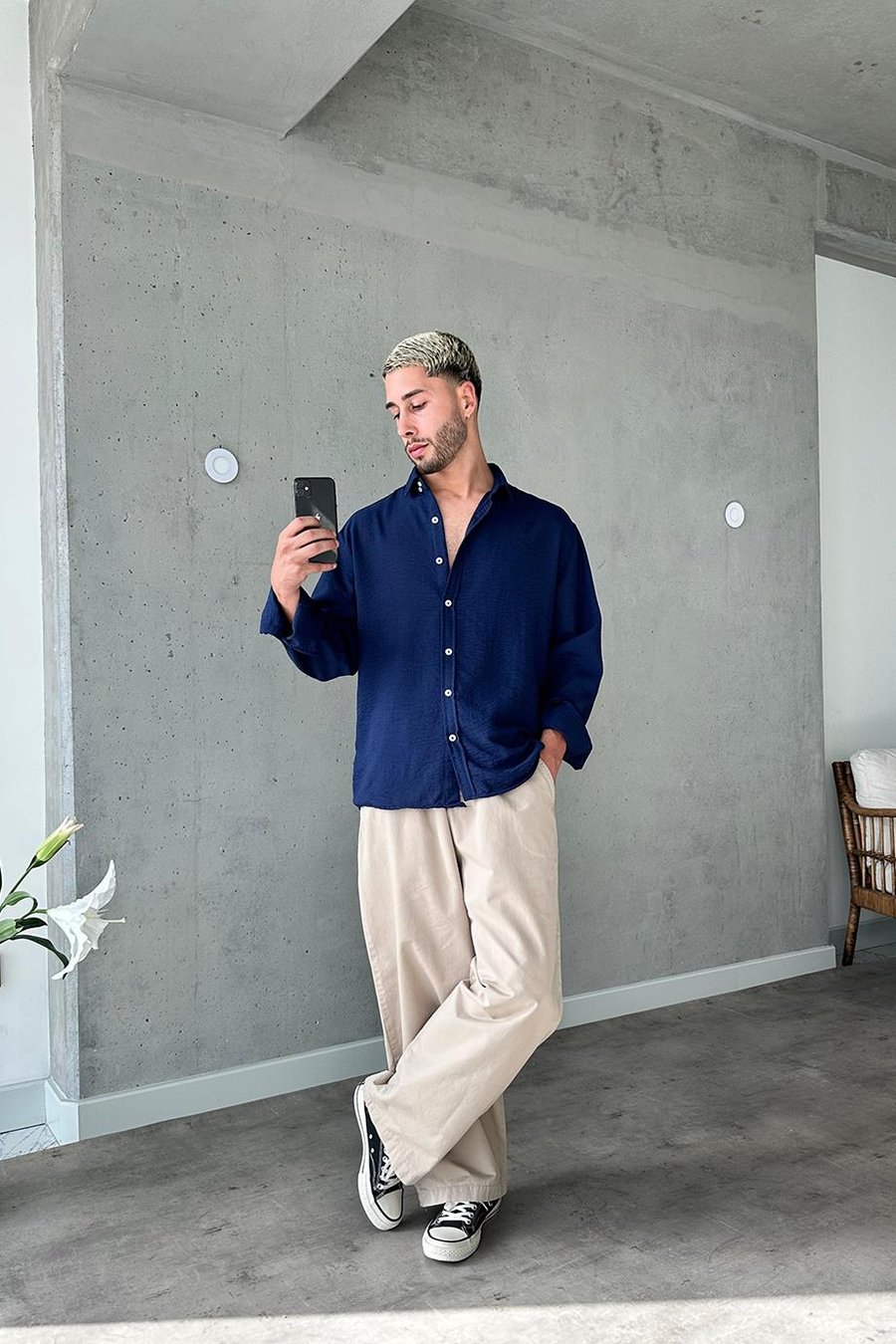 Lacivert Basic Relax Fit Keten Gömlek
