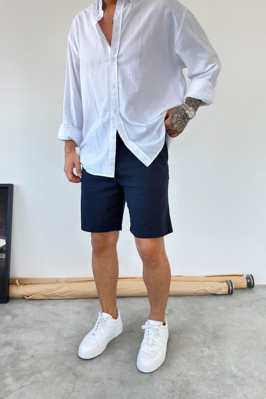 Lacivert Basic Relax Fit Keten Şort