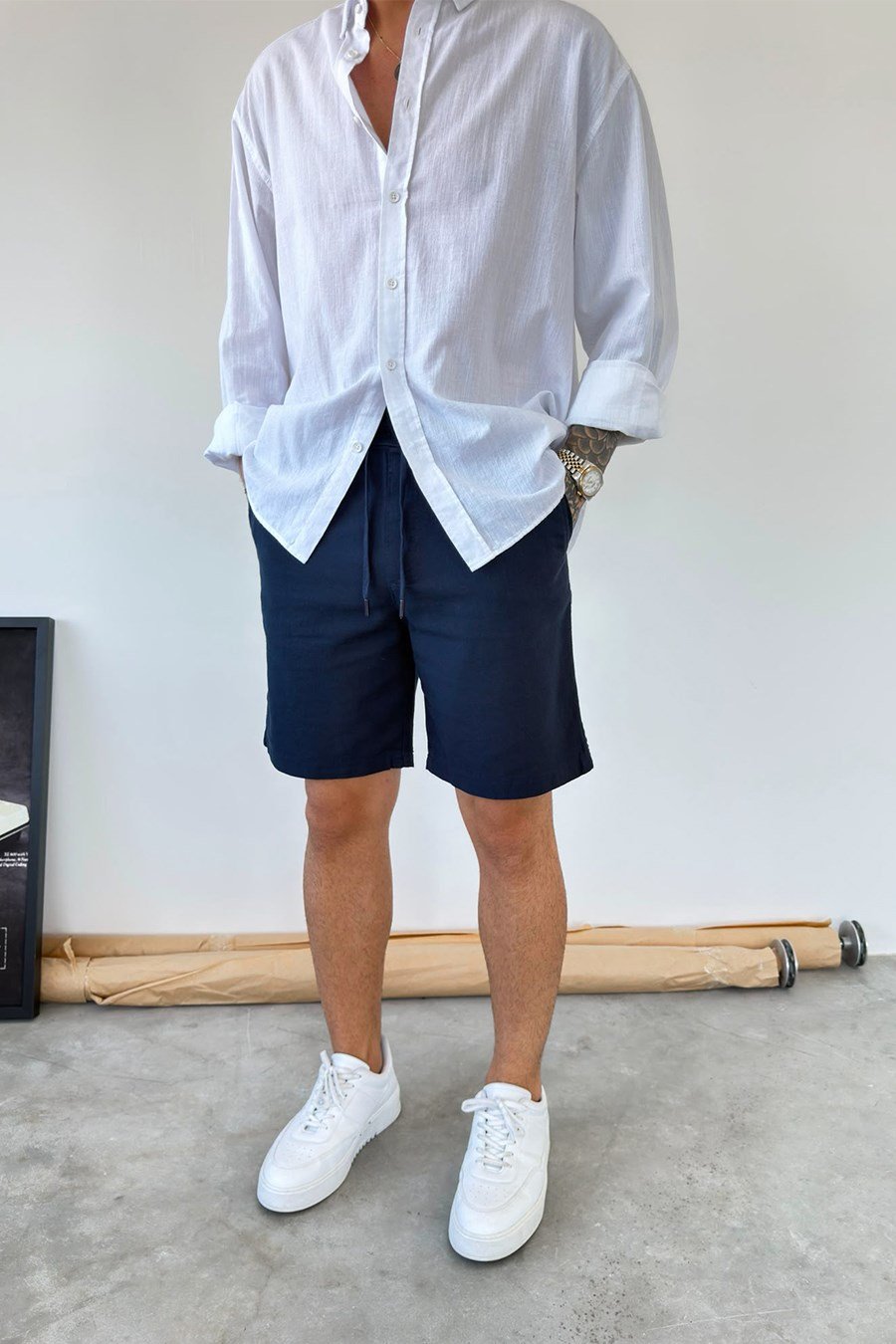 Lacivert Basic Relax Fit Keten Şort