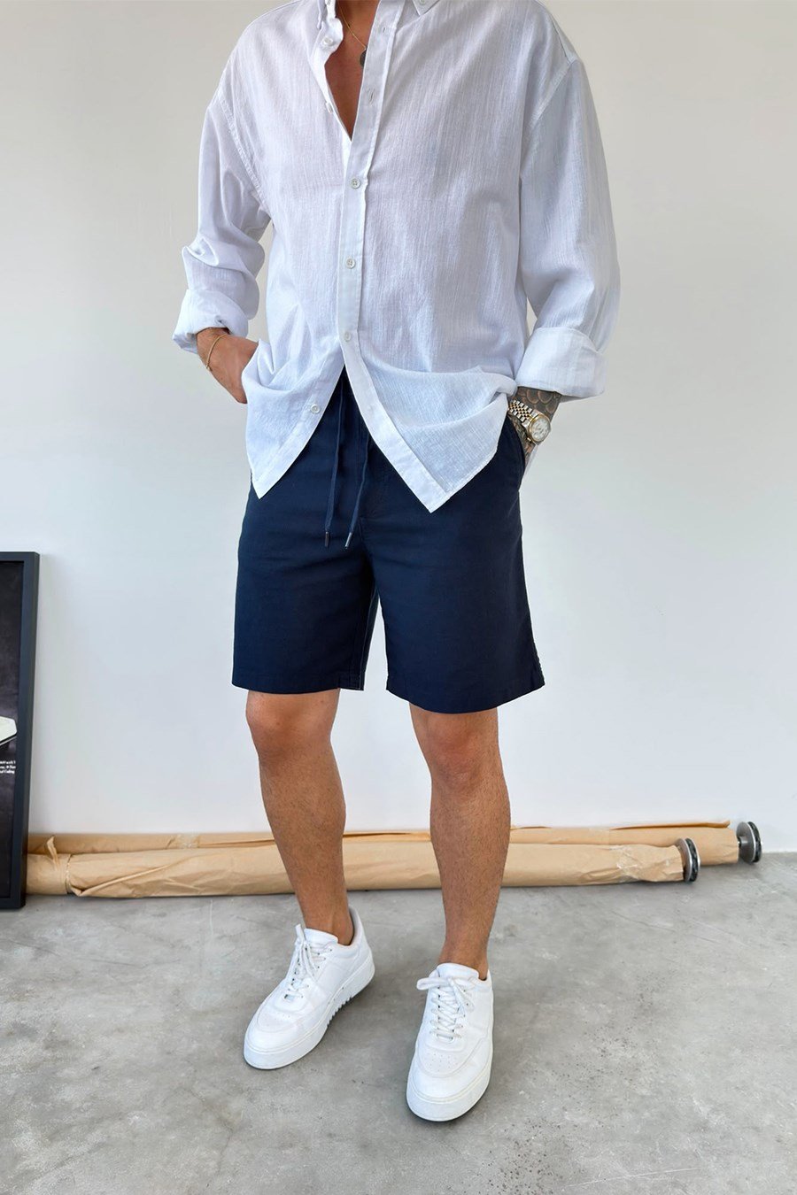 Lacivert Basic Relax Fit Keten Şort
