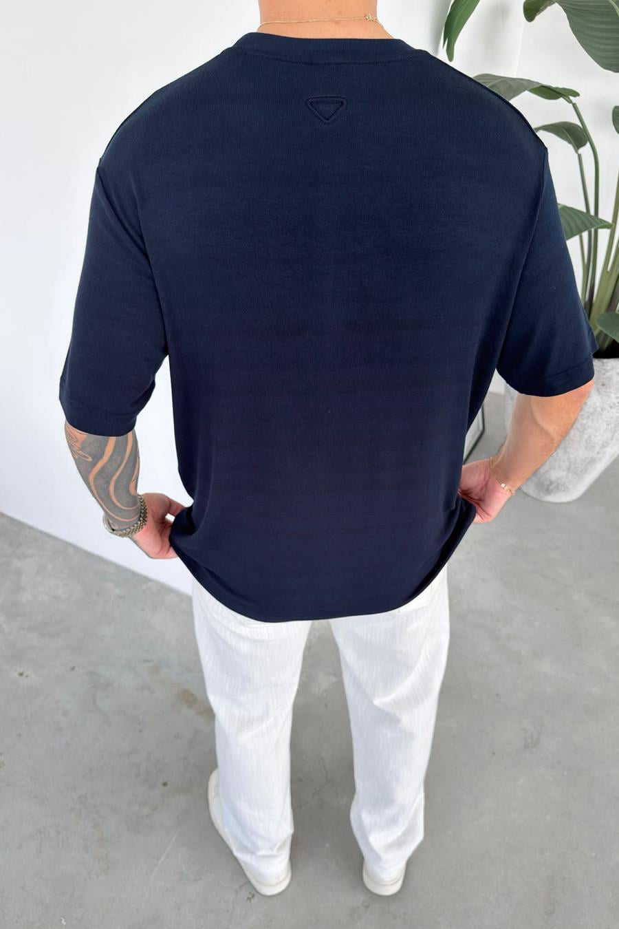 Lacivert Basic Soft Likralı Relaxed Triko Tişört