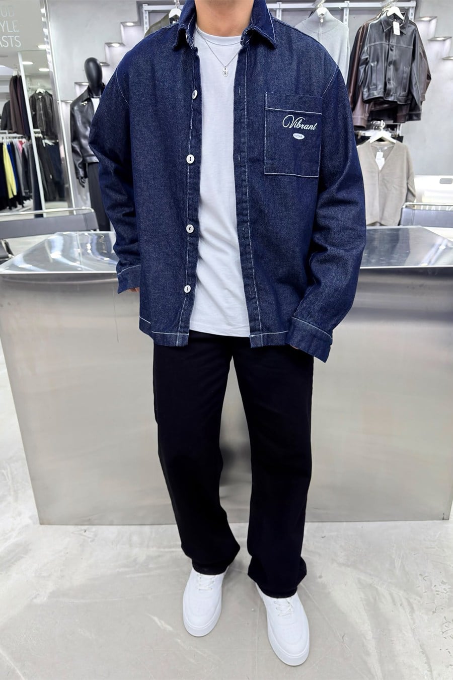 Lacivert Baskılı Oversize Kot Gömlek
