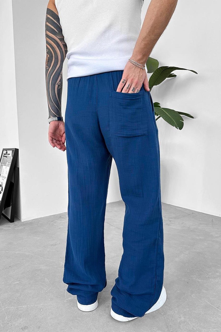 Lacivert Beach Walk Muslin Kumaş Baggy Pantolon