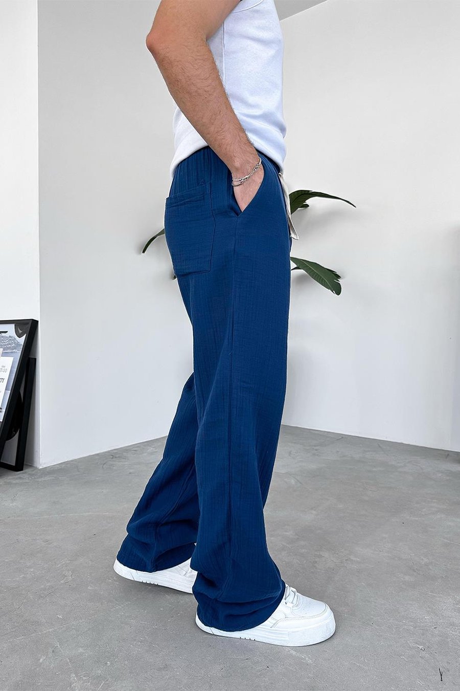 Lacivert Beach Walk Muslin Kumaş Baggy Pantolon