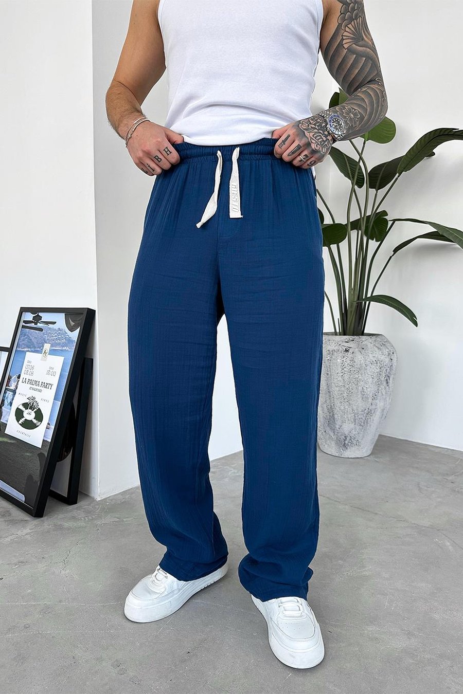 Lacivert Beach Walk Muslin Kumaş Baggy Pantolon