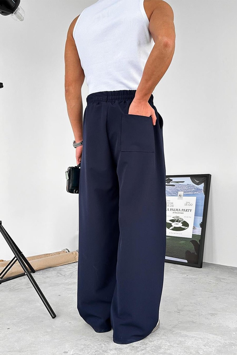 Lacivert Çimalı Beli Lastikli Baggy Kumaş Pantolon